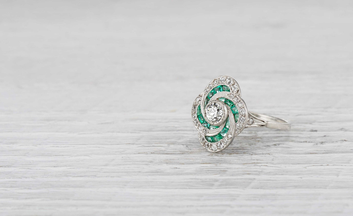 .35 Carat Art Deco Diamond and Emerald Ring