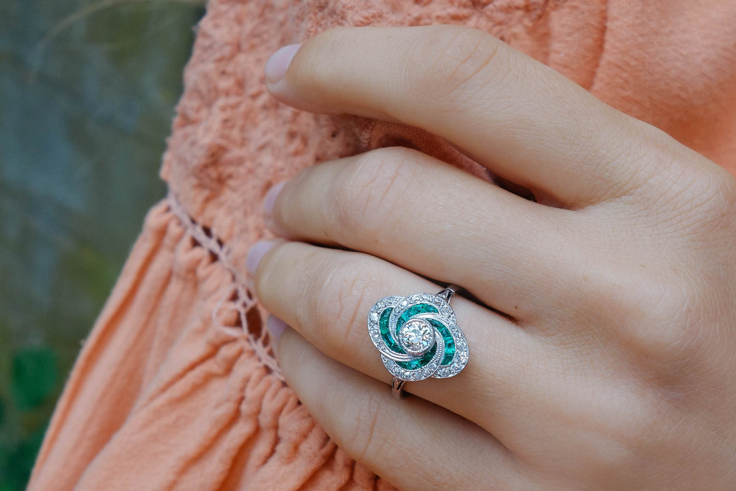 .35 Carat Art Deco Diamond and Emerald Ring