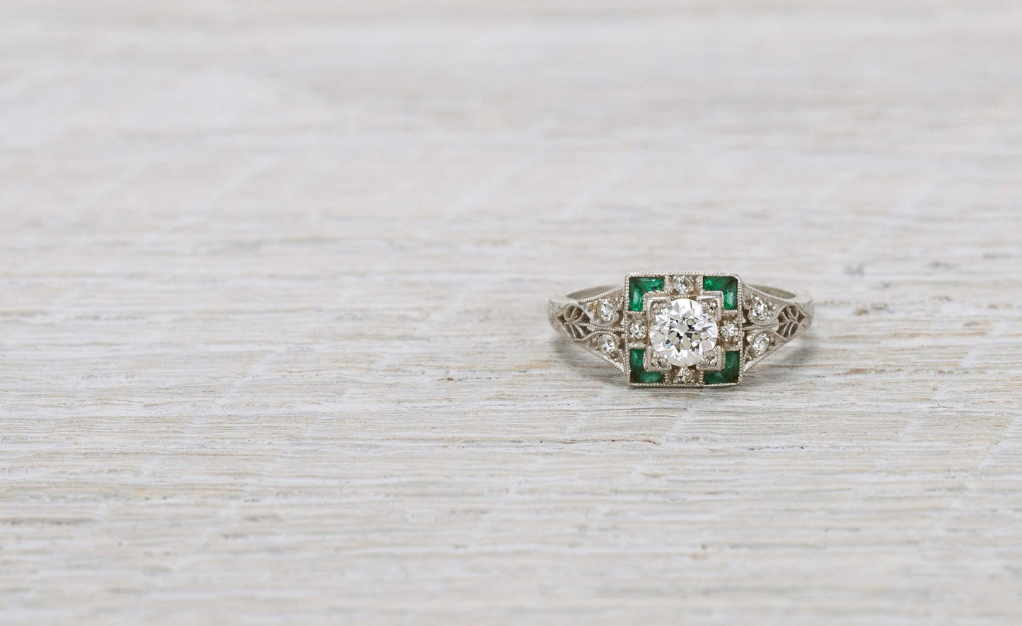 .40 Carat Diamond & Emerald Art Deco Engagement Ring