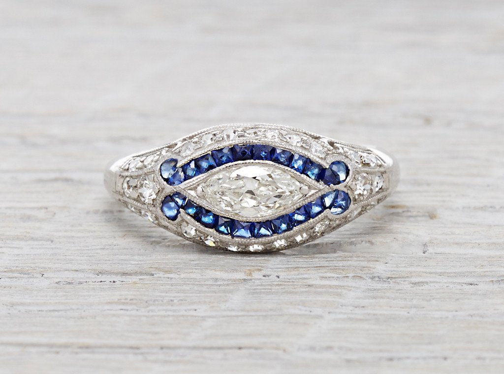 .40 Carat Art Deco Marquise Diamond and Sapphire Ring