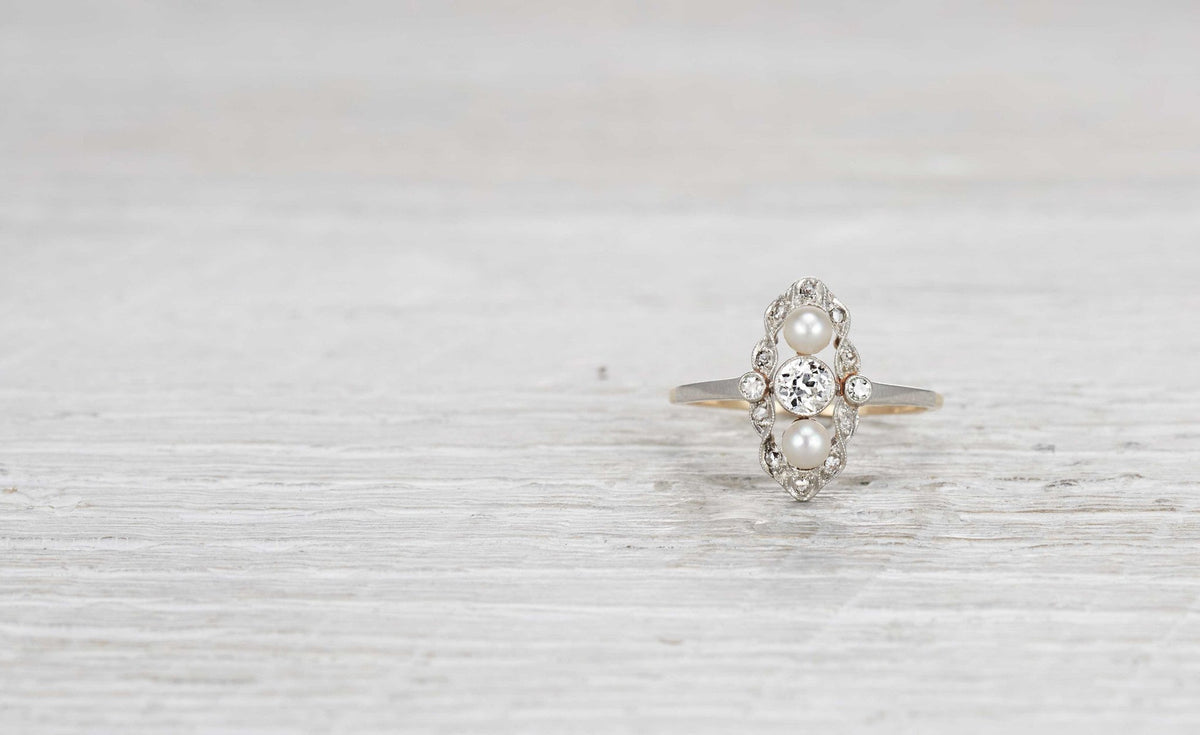 .30 Carat Edwardian Diamond and Pearl Navette Ring