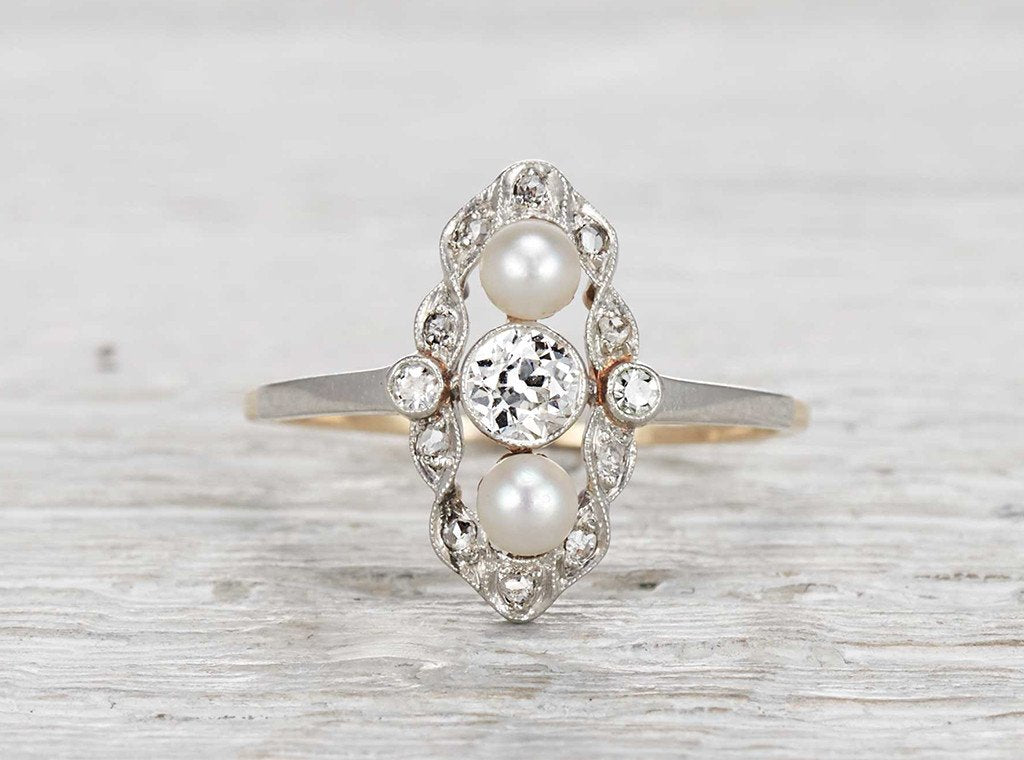 .30 Carat Edwardian Diamond and Pearl Navette Ring