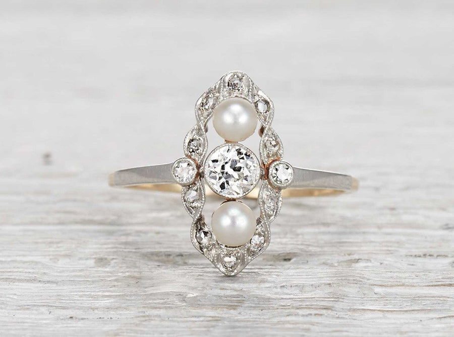 .30 Carat Edwardian Diamond and Pearl Navette Ring