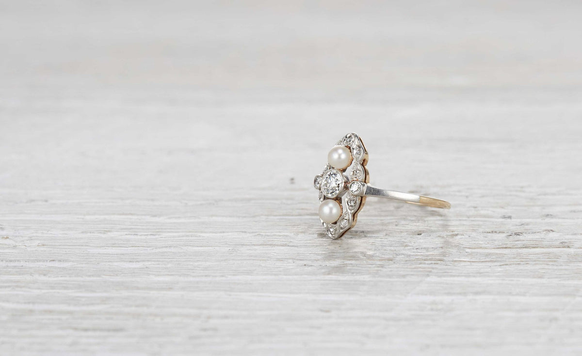.30 Carat Edwardian Diamond and Pearl Navette Ring
