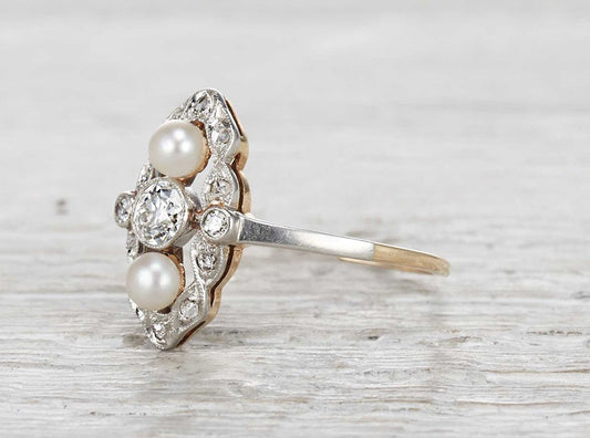 .30 Carat Edwardian Diamond and Pearl Navette Ring