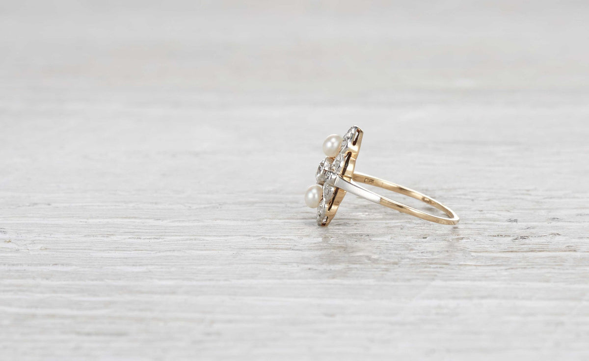 .30 Carat Edwardian Diamond and Pearl Navette Ring