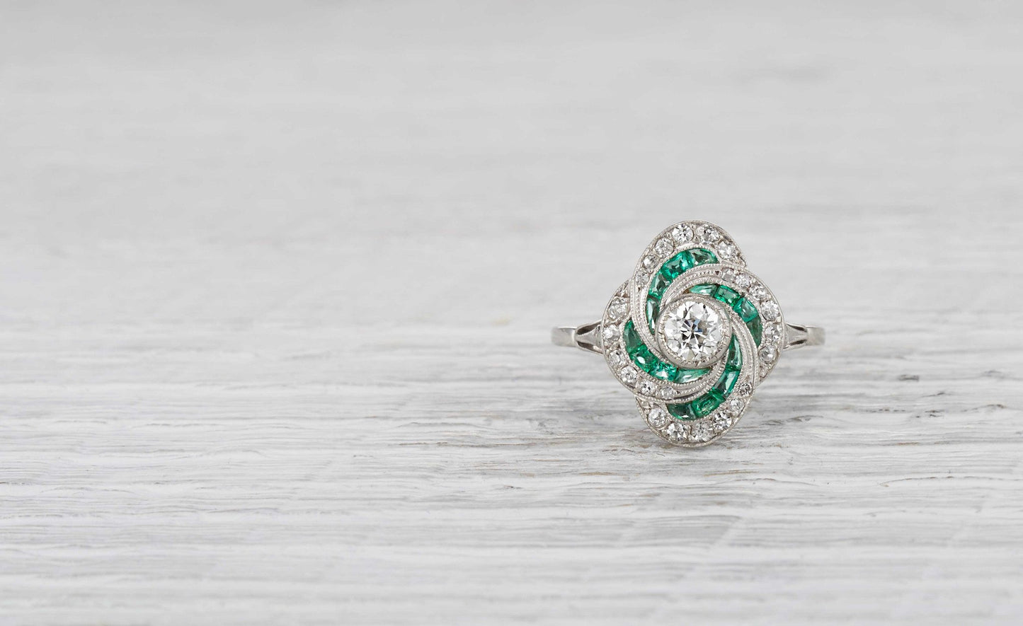 .35 Carat Art Deco Diamond and Emerald Ring
