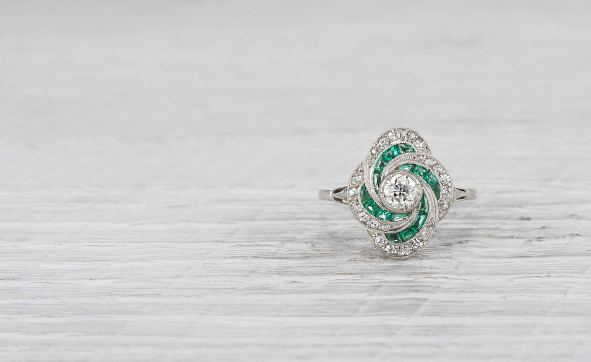 .35 Carat Art Deco Diamond and Emerald Ring