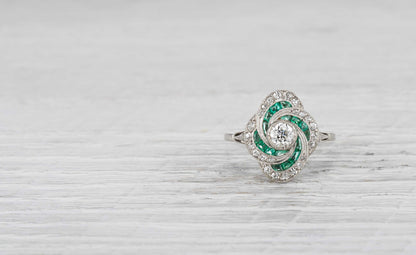 .35 Carat Art Deco Diamond and Emerald Ring