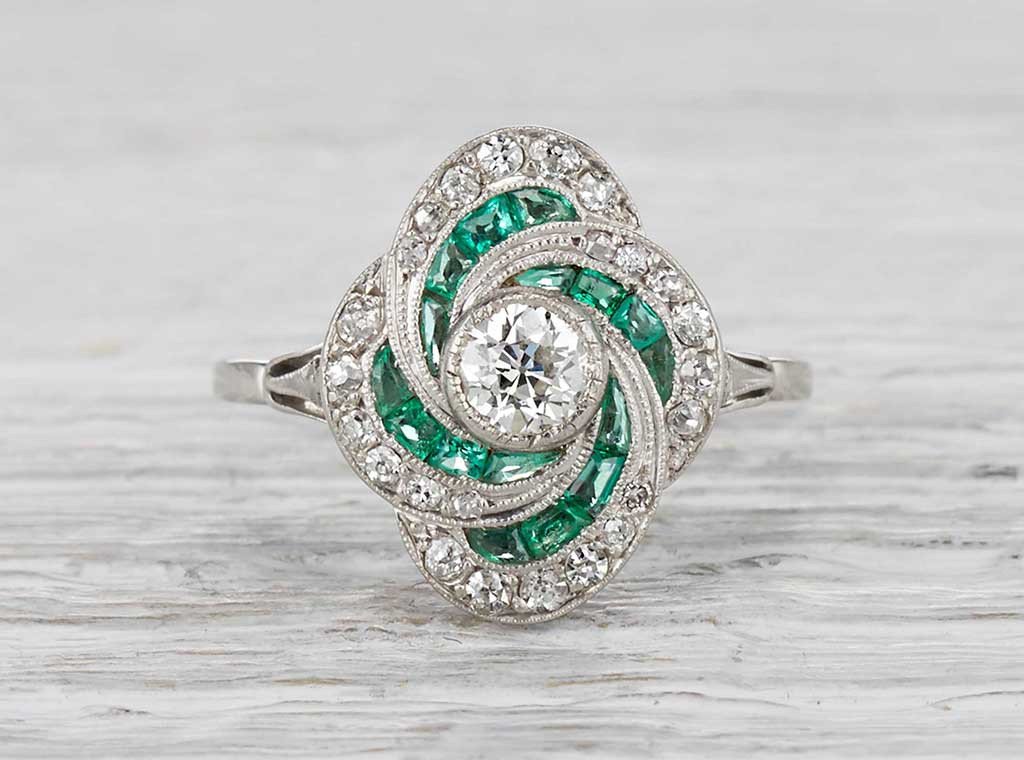 .35 Carat Art Deco Diamond and Emerald Ring