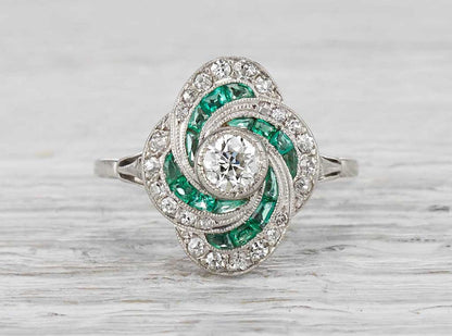 .35 Carat Art Deco Diamond and Emerald Ring