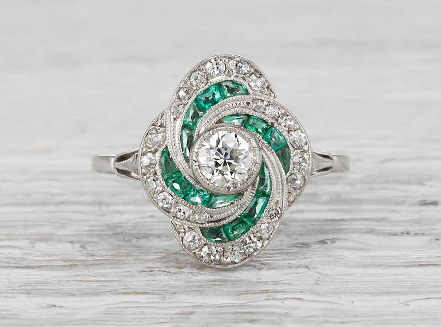 .35 Carat Art Deco Diamond and Emerald Ring