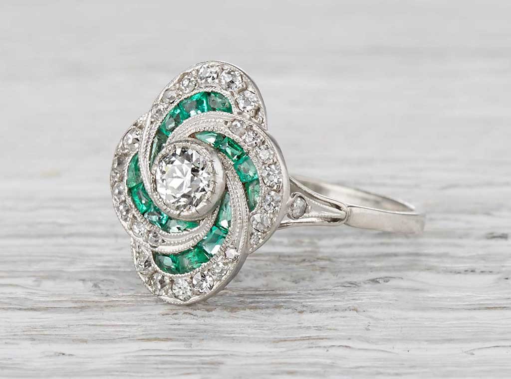 .35 Carat Art Deco Diamond and Emerald Ring
