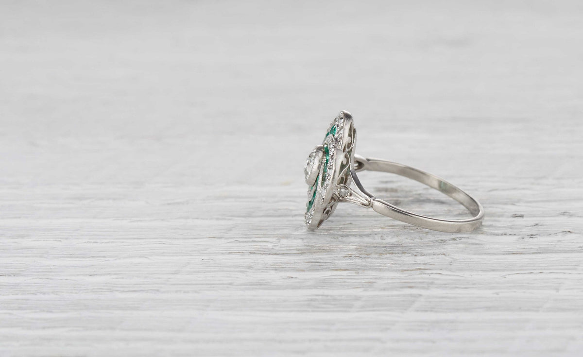 .35 Carat Art Deco Diamond and Emerald Ring