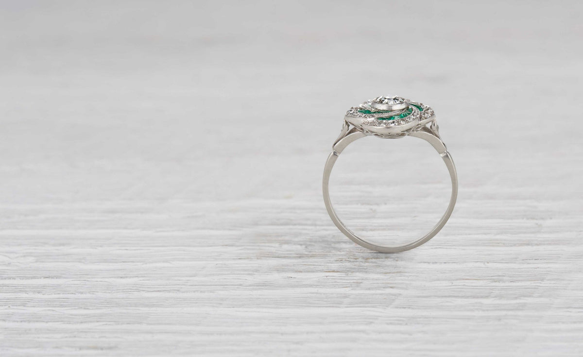 .35 Carat Art Deco Diamond and Emerald Ring