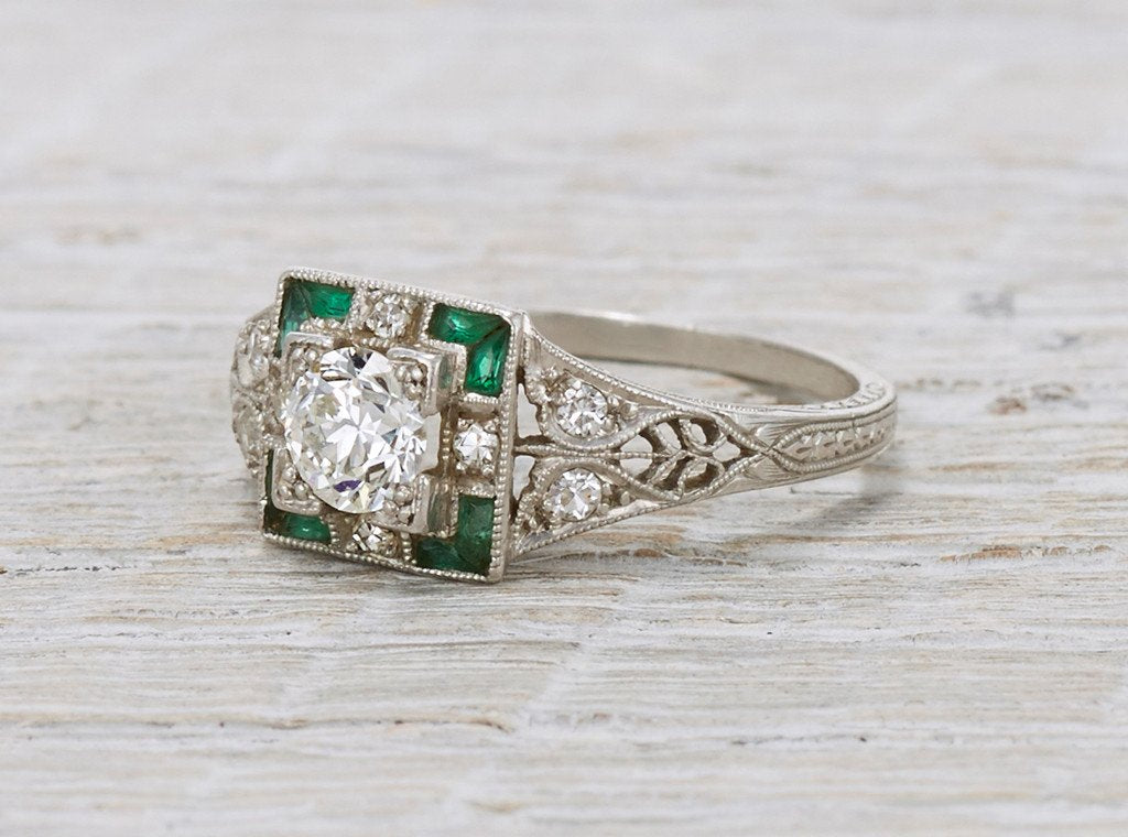 .40 Carat Diamond & Emerald Art Deco Engagement Ring
