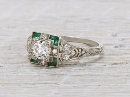 .40 Carat Diamond & Emerald Art Deco Engagement Ring
