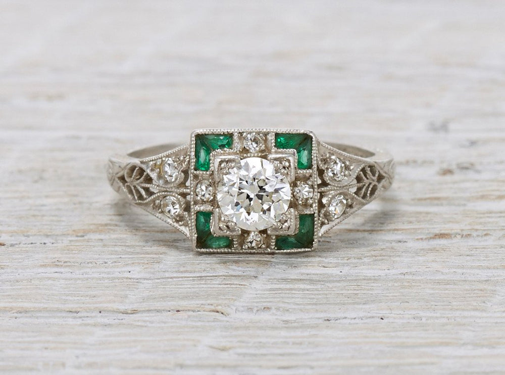 .40 Carat Diamond & Emerald Art Deco Engagement Ring