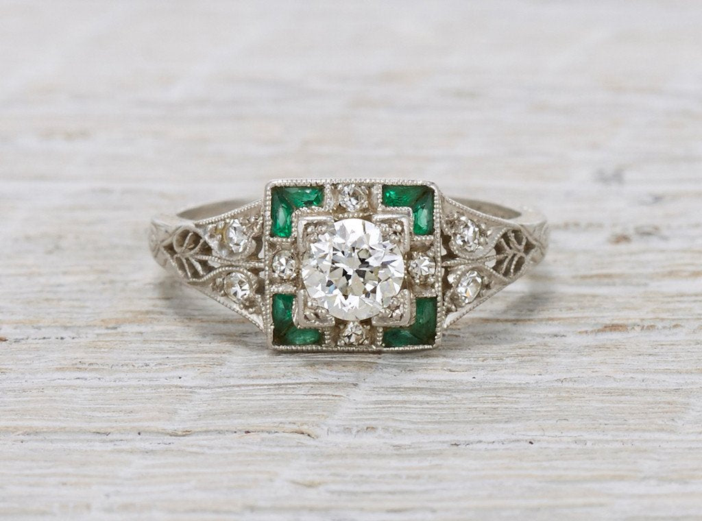.40 Carat Diamond & Emerald Art Deco Engagement Ring