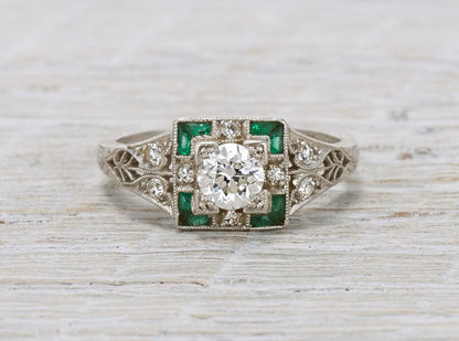 .40 Carat Diamond & Emerald Art Deco Engagement Ring