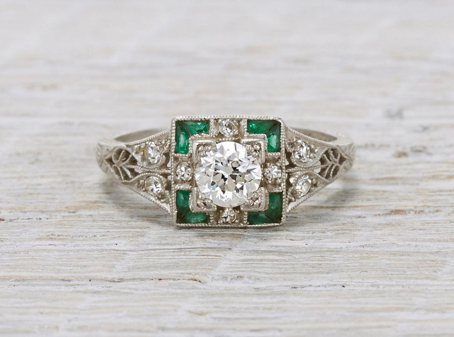 .40 Carat Diamond & Emerald Art Deco Engagement Ring
