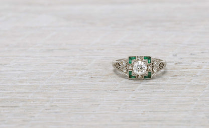 .40 Carat Diamond & Emerald Art Deco Engagement Ring