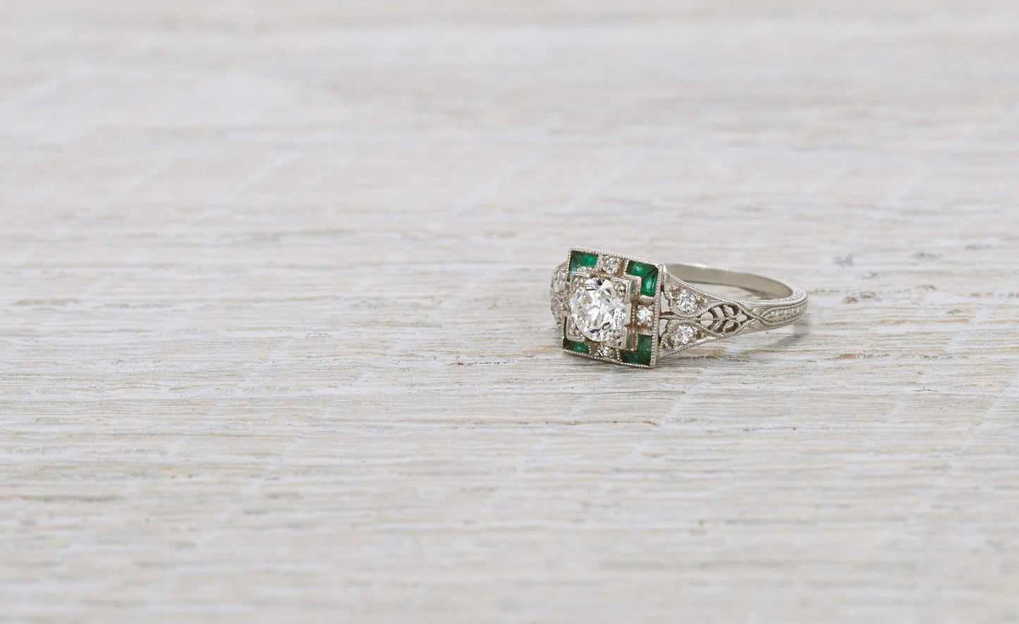 .40 Carat Diamond & Emerald Art Deco Engagement Ring