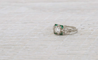 .40 Carat Diamond & Emerald Art Deco Engagement Ring
