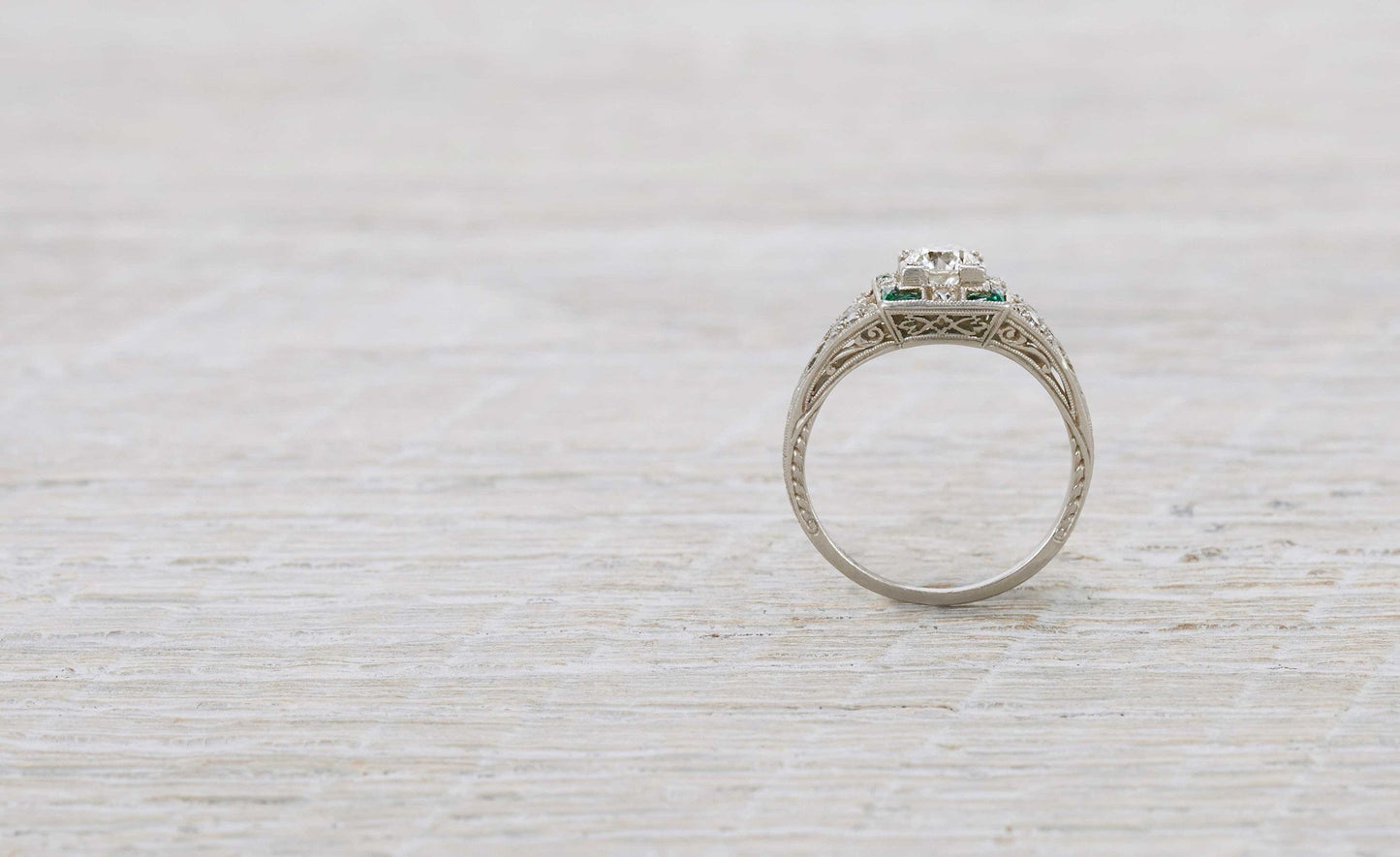 .40 Carat Diamond & Emerald Art Deco Engagement Ring