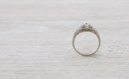.40 Carat Diamond & Emerald Art Deco Engagement Ring