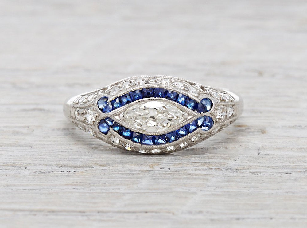 .40 Carat Art Deco Marquise Diamond and Sapphire Ring
