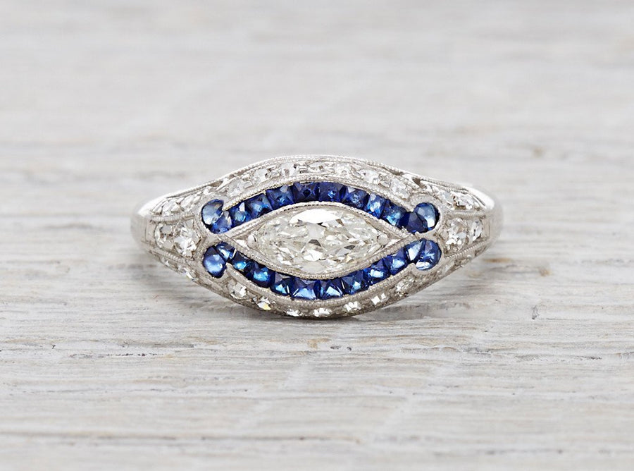 .40 Carat Art Deco Marquise Diamond and Sapphire Ring